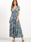 Flower Print V Neck Button Drawstring Elastic Waist Dress