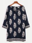 Navy Tribal Print Tie Neck Tunic Dress