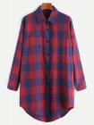 Check Plaid Drop Shoulder Curved Hem Shirt Dress