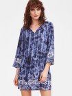 Blue Tie Dye Print Tassel Tie Neck 3/4 Sleeve Dress