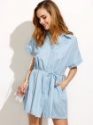 Blue Drawstring Waist Denim Shirt Dress