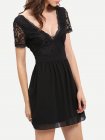 Deep V Neck Lace Pleated Dress