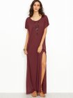 Burgundy Side Slit Loose Fit Maxi Tee Dress