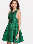 Green Zipper Back Jacquard Skater Dress