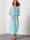 Blue Notch Lapel Belted Shirt Dress With Pocket