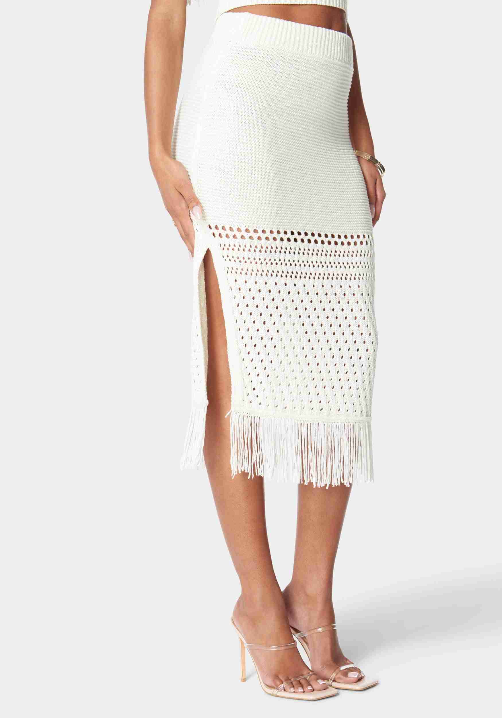 Fringe Detail Slit Front Sweater Skirt