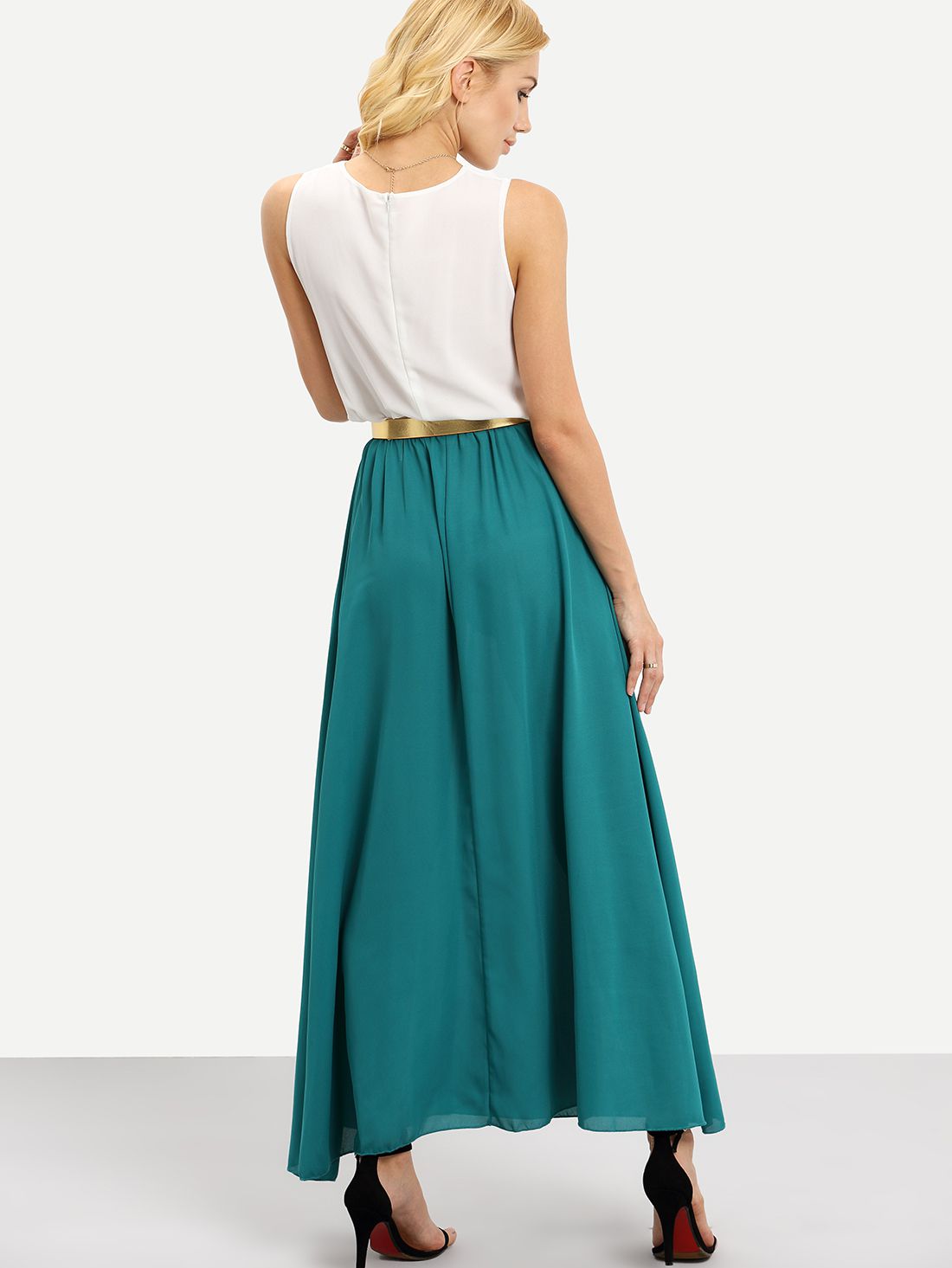 Color-block With Belt Chiffon Maxi Dress