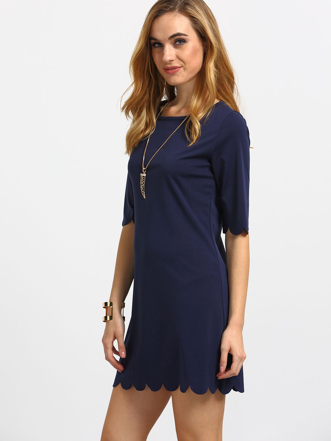 Navy Scalloped Hem Shift Dress