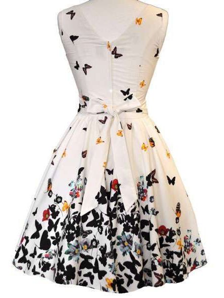 White V Back Butterfly Print Flare Dress