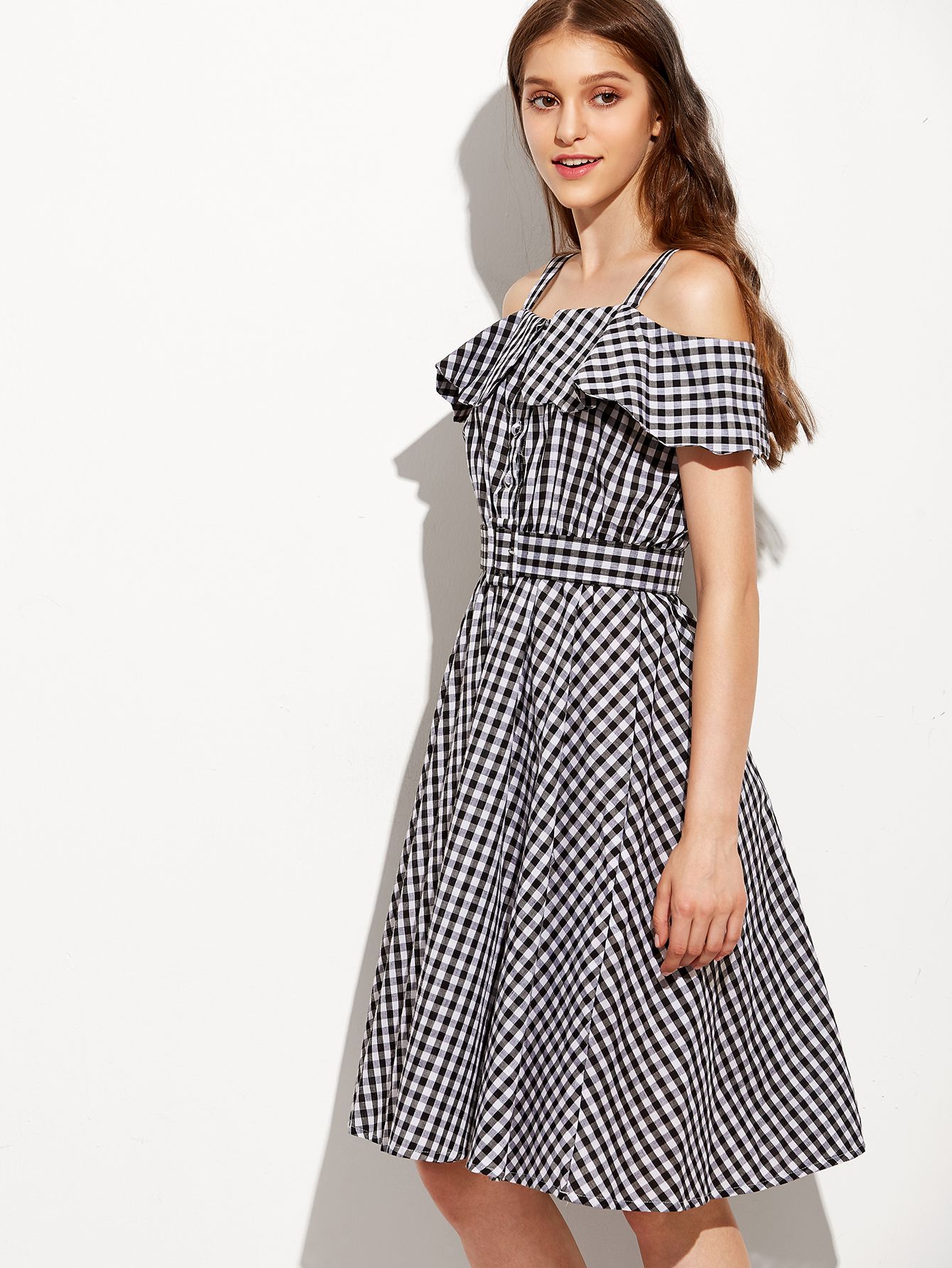 Black Checkerboard Fold Over Cold Shoulder Dress