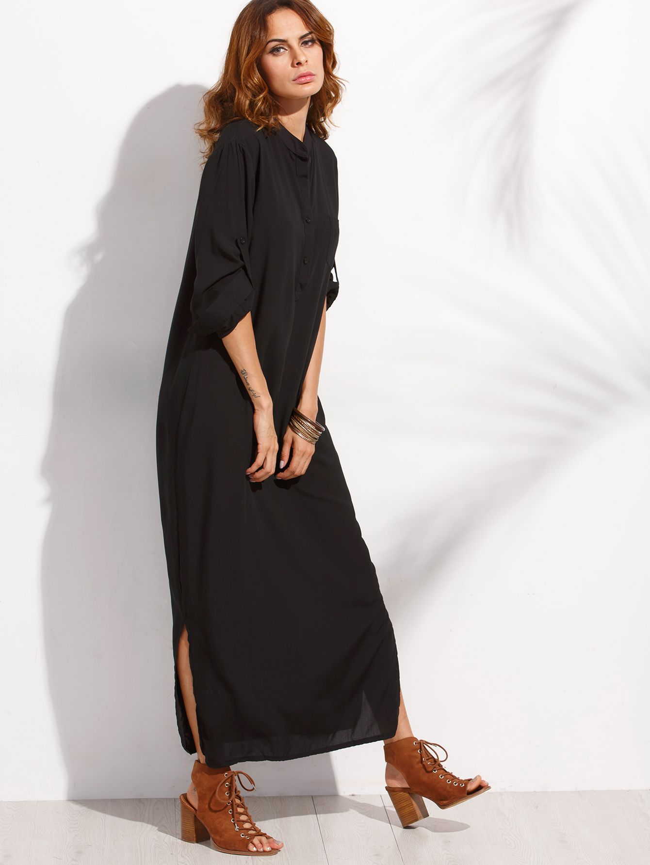 Black Button Front Roll Sleeve Maxi Shirt Dress