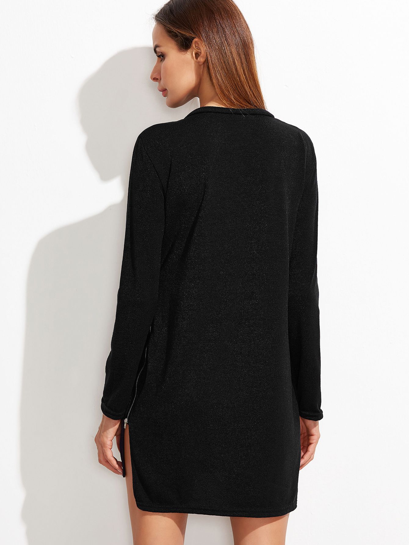 Black High Low Split Zipper Side Sweater Dress