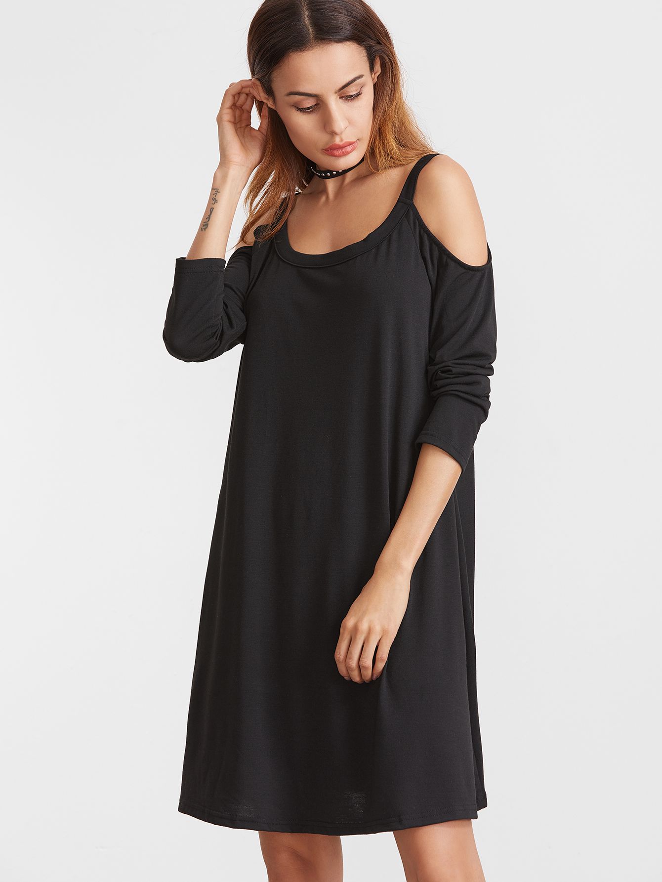 Black Cold Shoulder Dip Hem Shift Dress