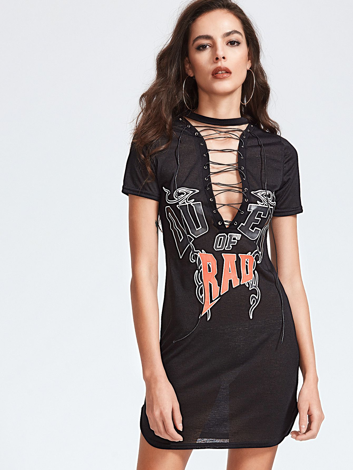 Black Letter Print Deep V Neck Lace Up Dress