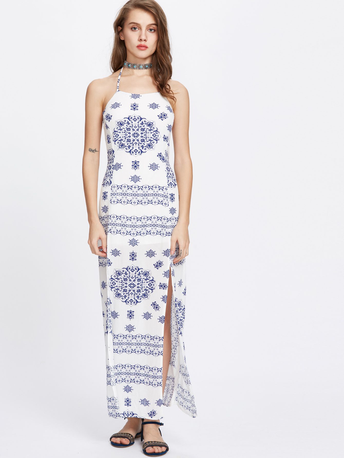 Blue Vintage Print Spaghetti Strap Slit Halter Dress