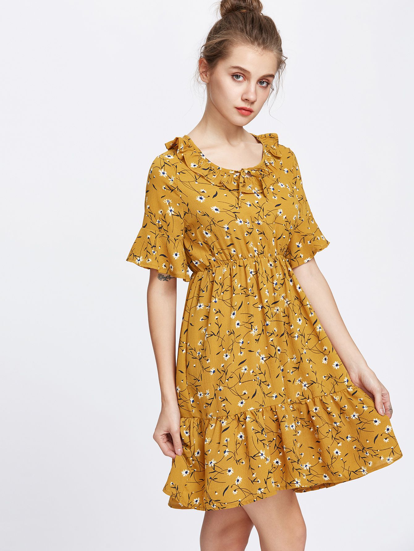 Yellow Floral Print Bell Sleeve Frill Hem Dress