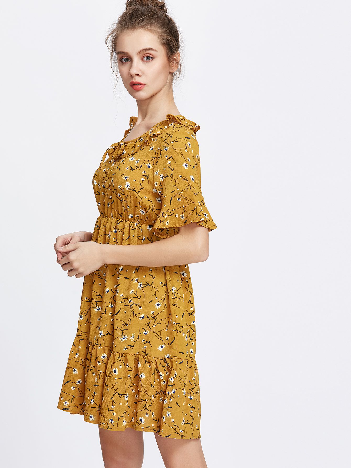 Yellow Floral Print Bell Sleeve Frill Hem Dress