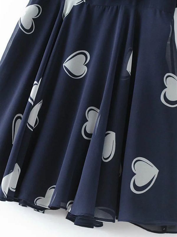 Navy Heart Print Open Shoulder Ruffle Trim Dress