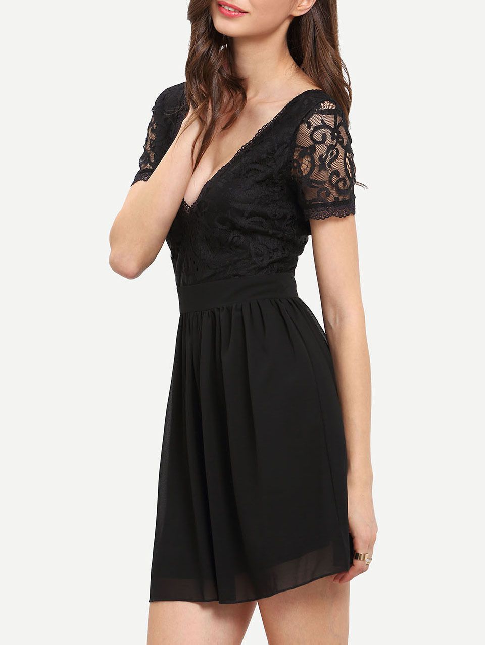 Deep V Neck Lace Pleated Dress