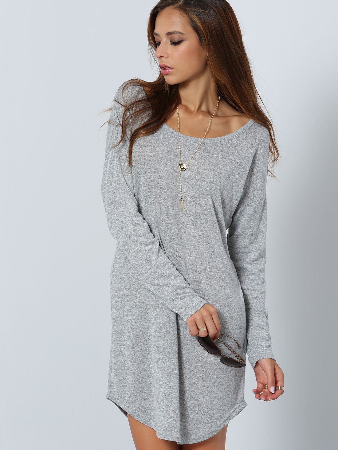 Grey Long Sleeve V Back Dress