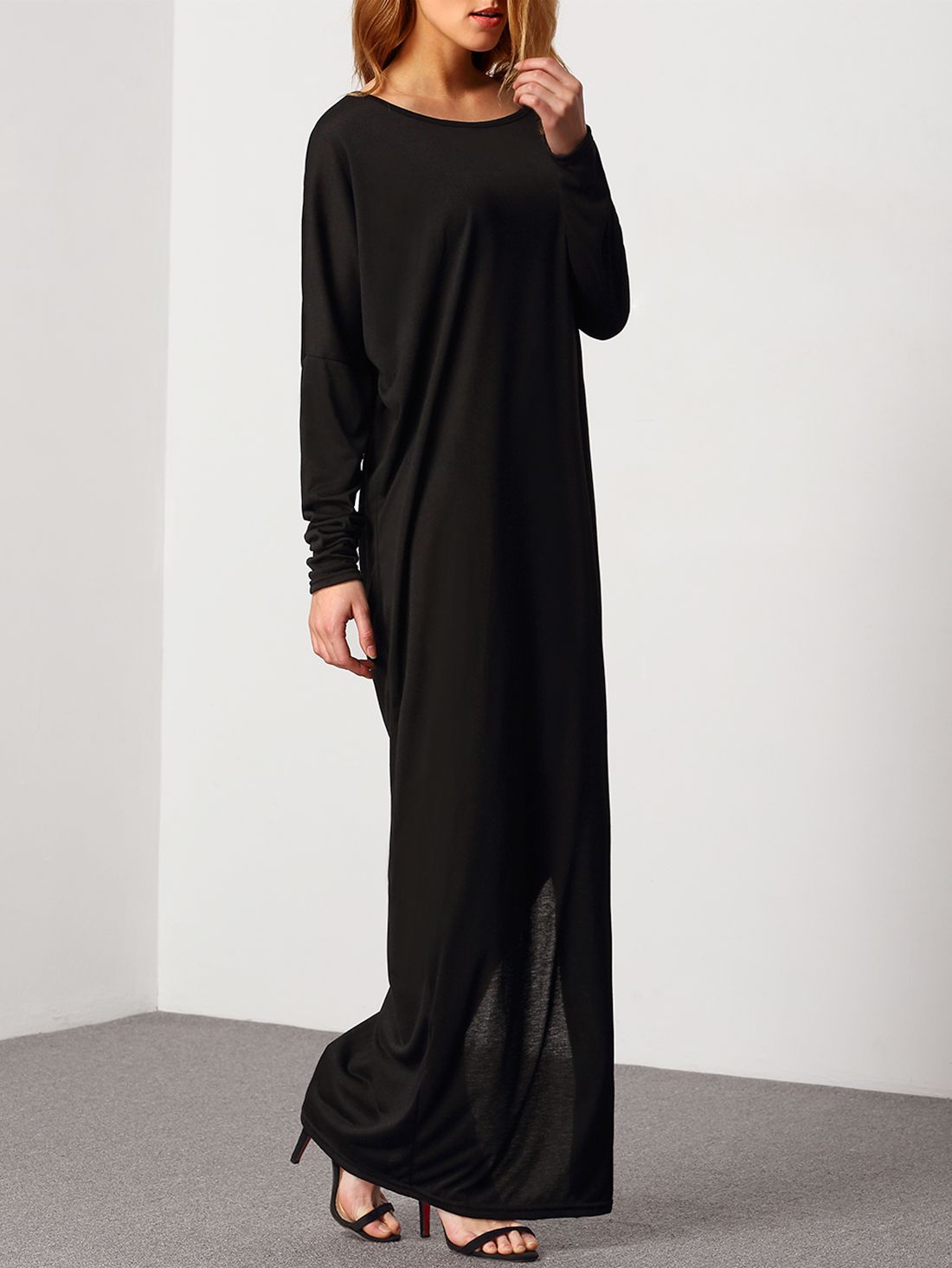 Black Oblique Shoulder Boatneck Bat Sleeve Slit Dress