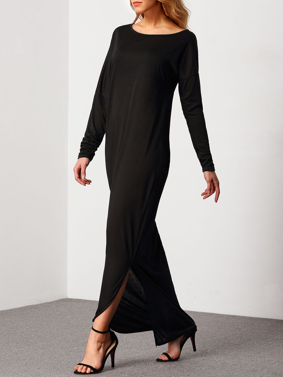 Black Oblique Shoulder Boatneck Bat Sleeve Slit Dress