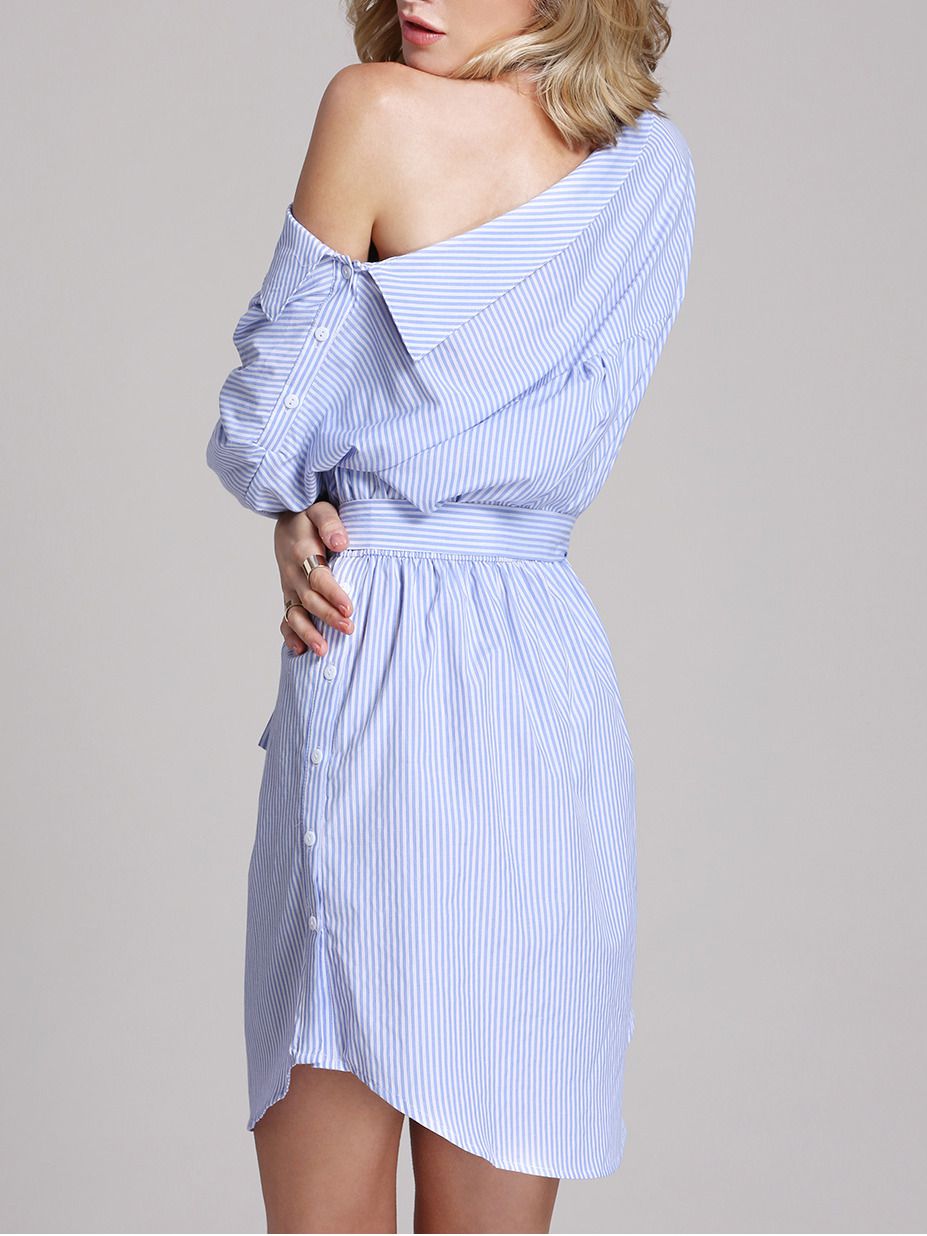 Blue Half Sleeve Off The Shoulder Striped Dress