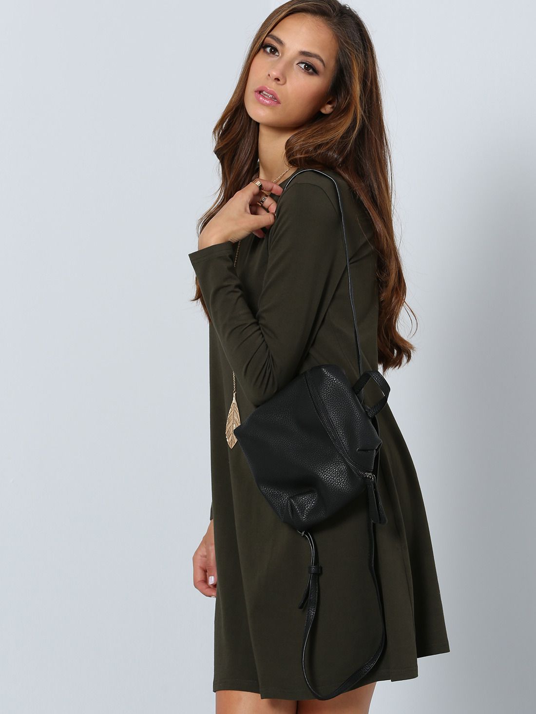 Dark Green Long Sleeve Designer Casual Dress