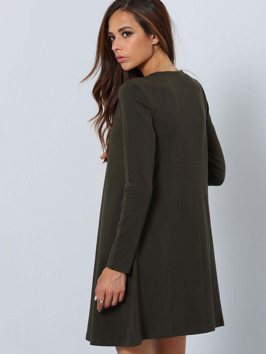 Dark Green Long Sleeve Designer Casual Dress