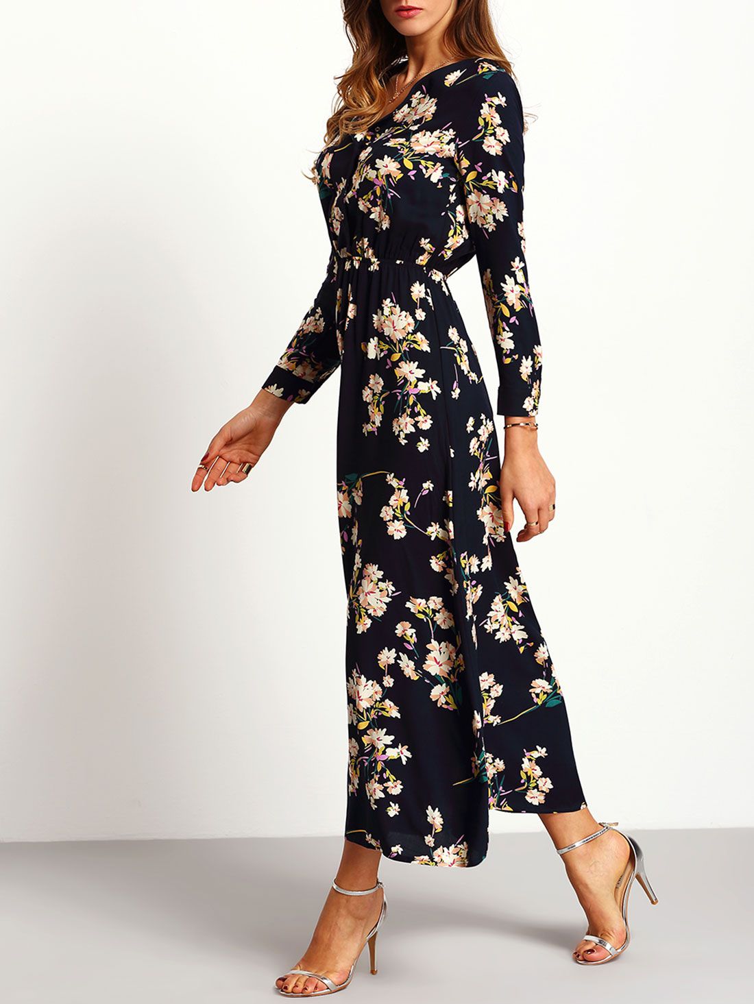 Navy Long Sleeve Floral Maxi Dress