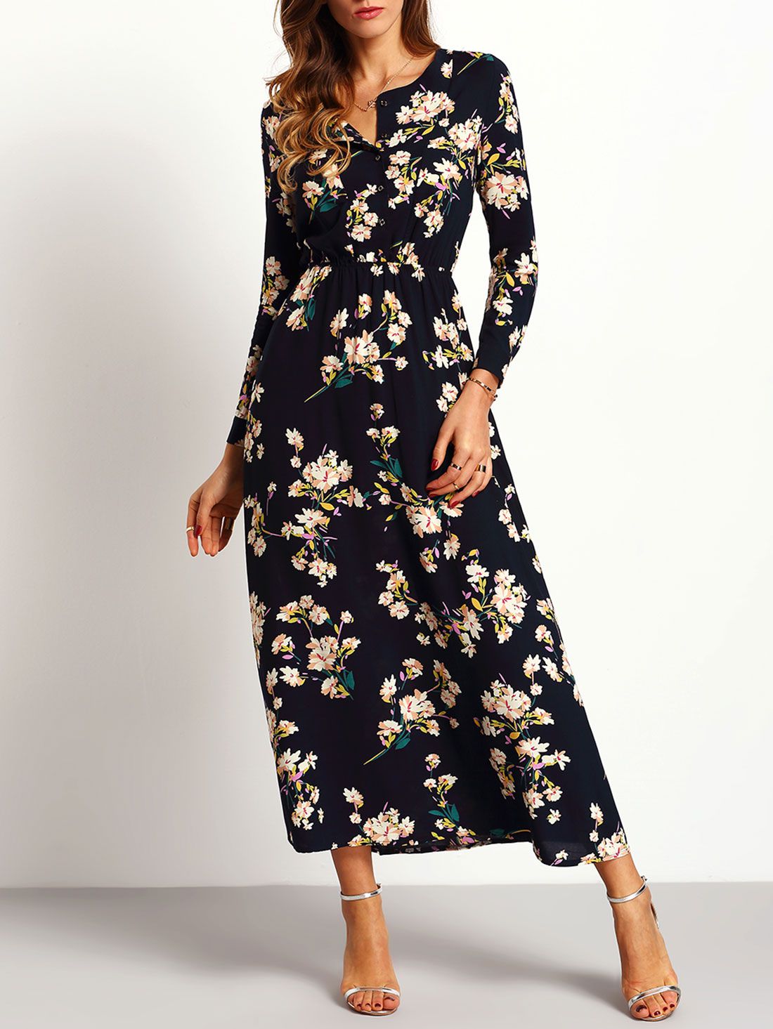 Navy Long Sleeve Floral Maxi Dress