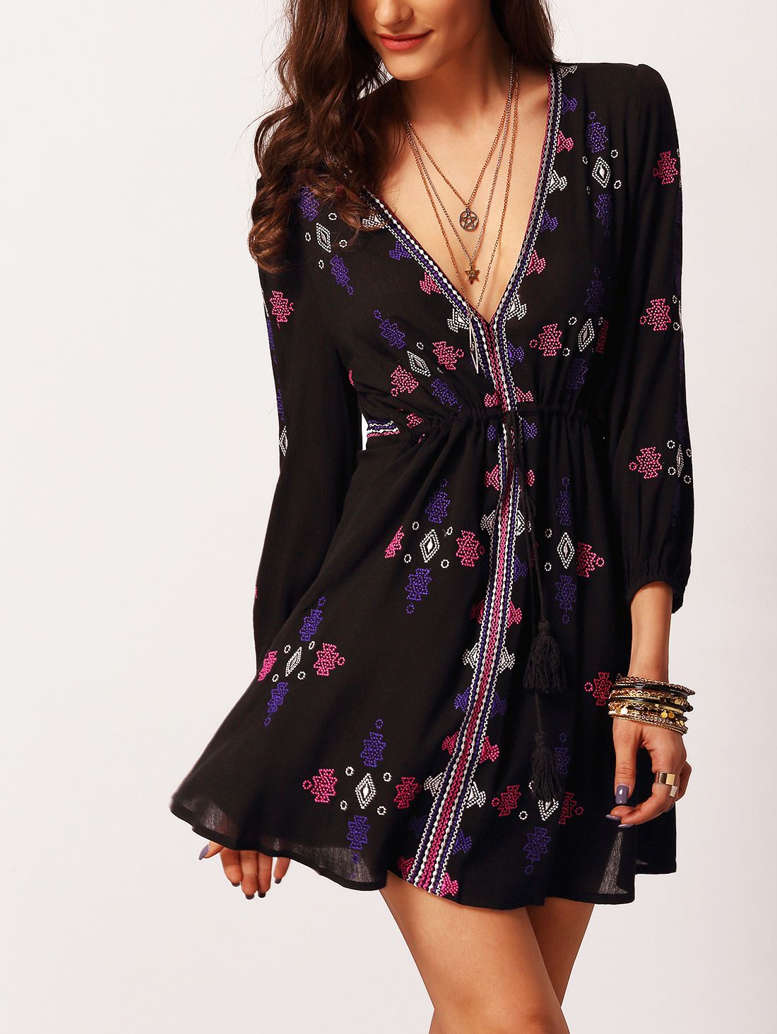 Black Long Sleeve V Neck Vintage Print Dress