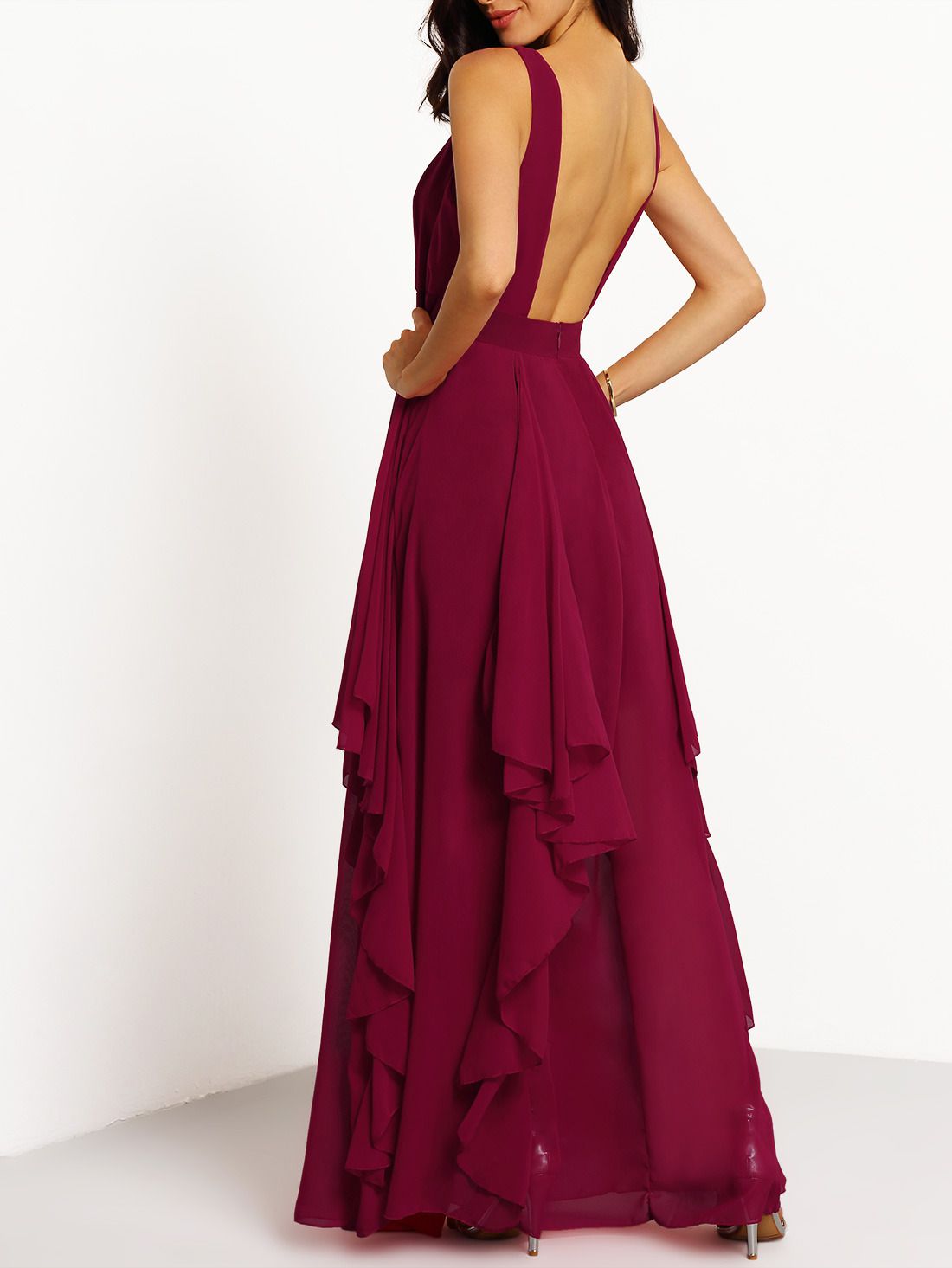 Burgundy Deep V Neck Maxi Chiffon Dress