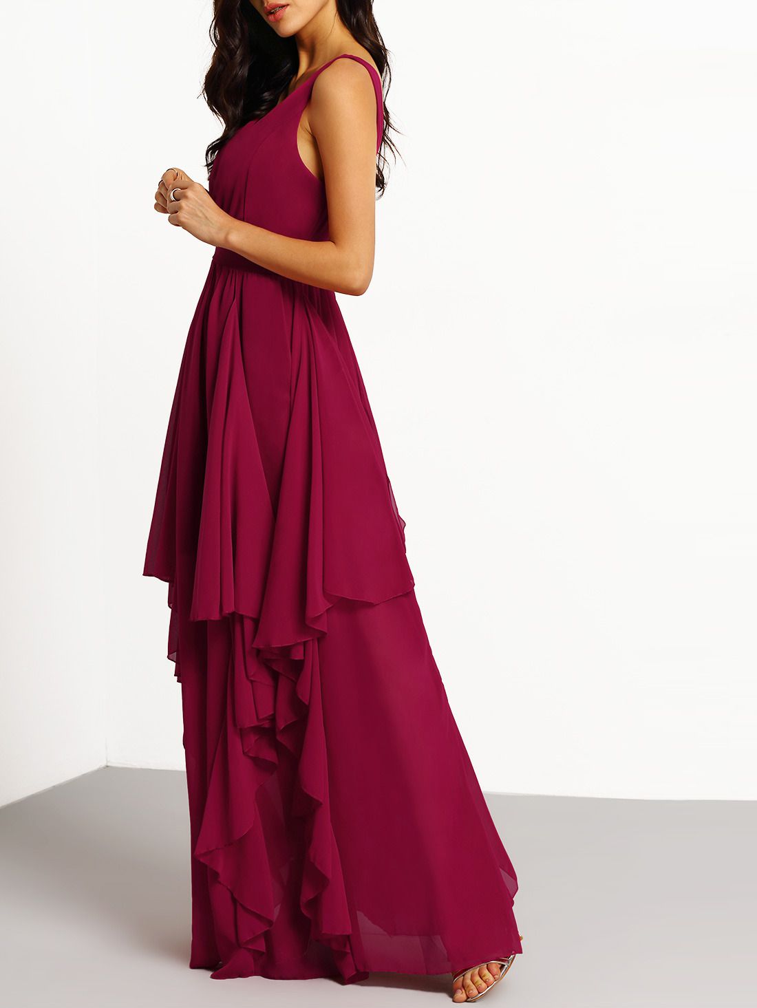 Burgundy Deep V Neck Maxi Chiffon Dress