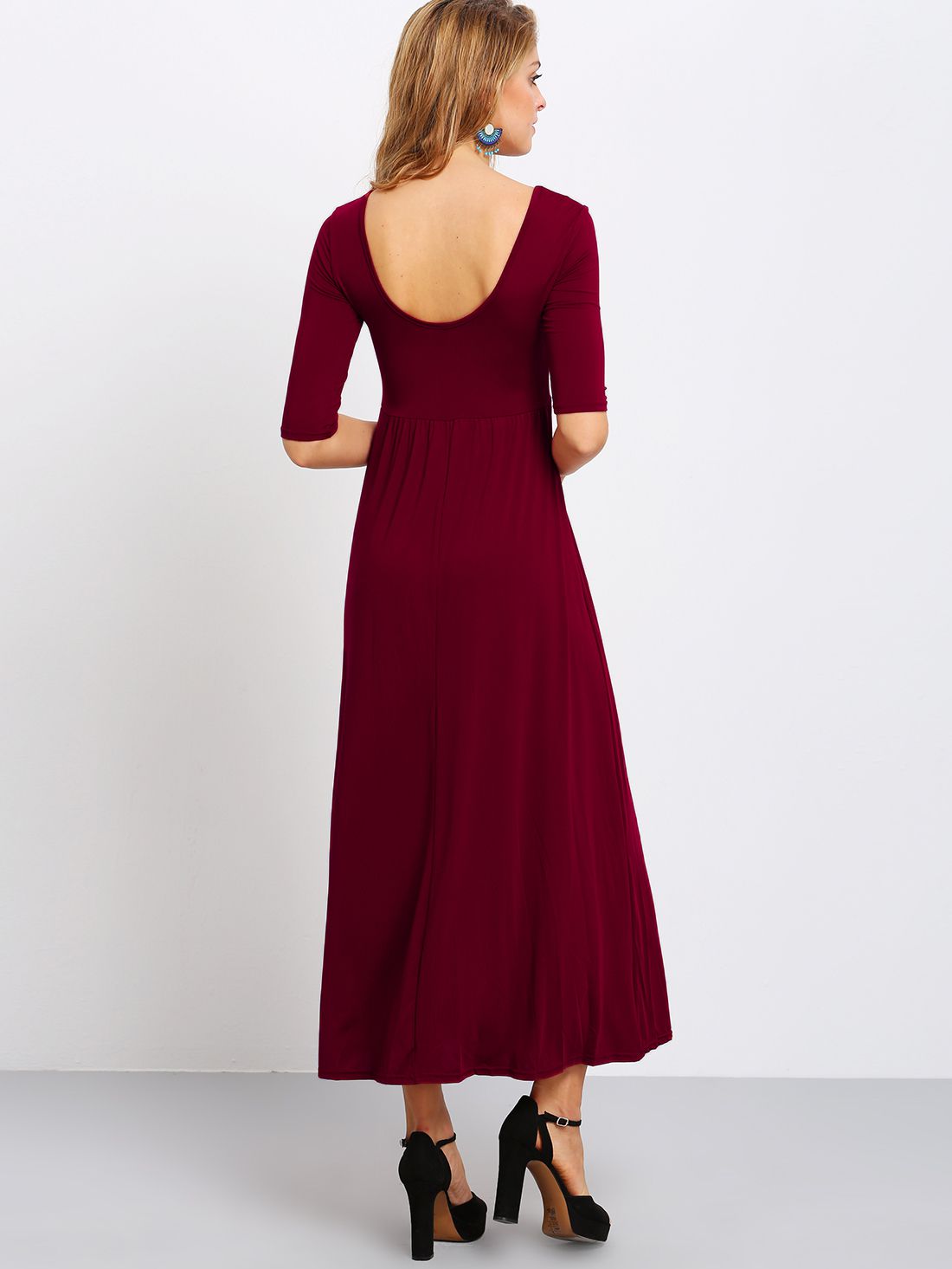 Burgundy Scoop Neck Cut Out Back Maxi Dress