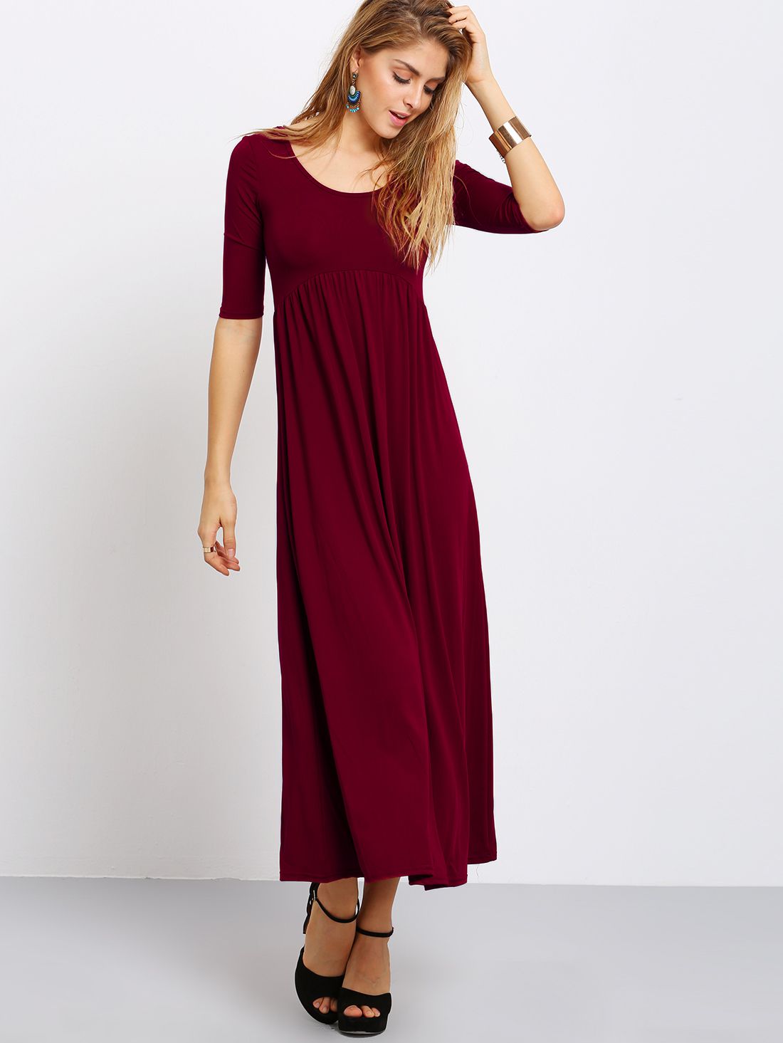 Burgundy Scoop Neck Cut Out Back Maxi Dress