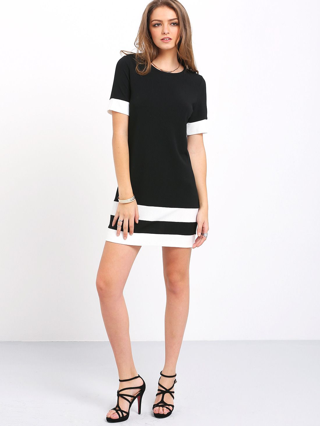 Black White Patchwork Short Sleeve Shift Dress