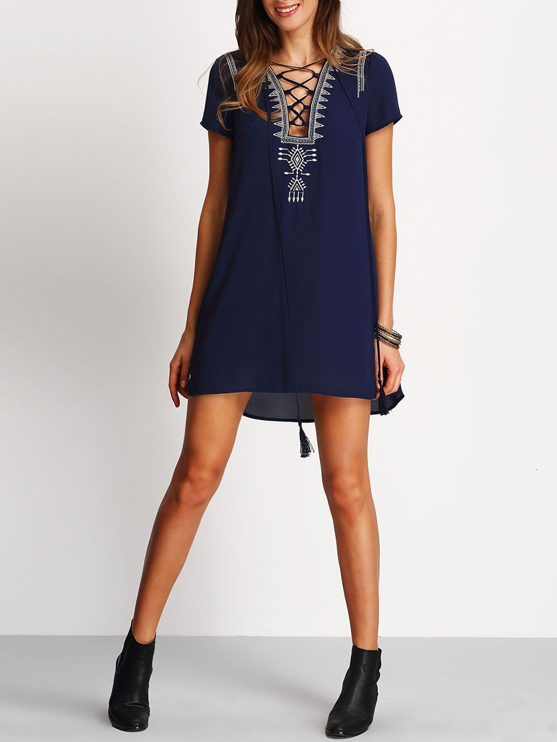 Royal Blue Lace Up Print Front Shift Dress