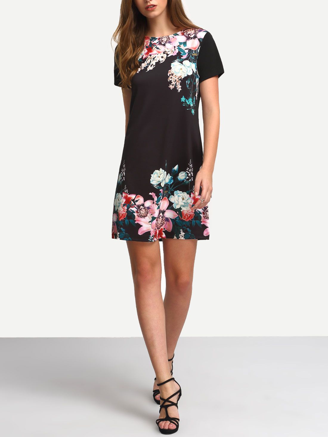 Black Round Neck Floral Print Vintage Dress