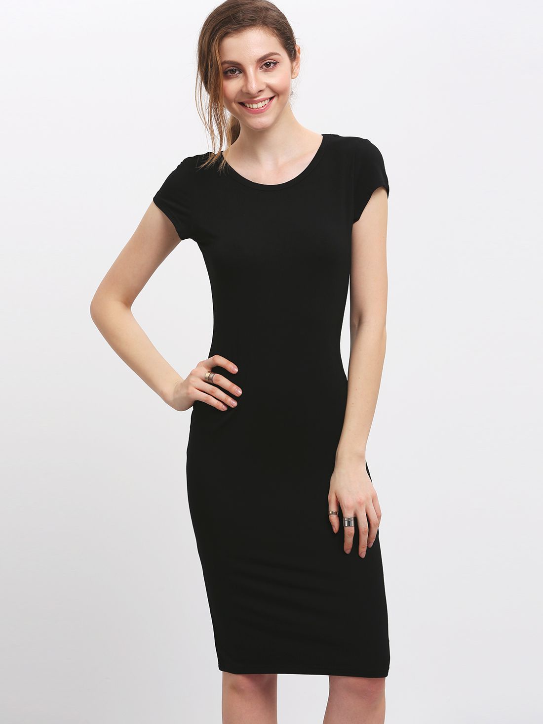 Black Crew Neck Slim Sheath Dress