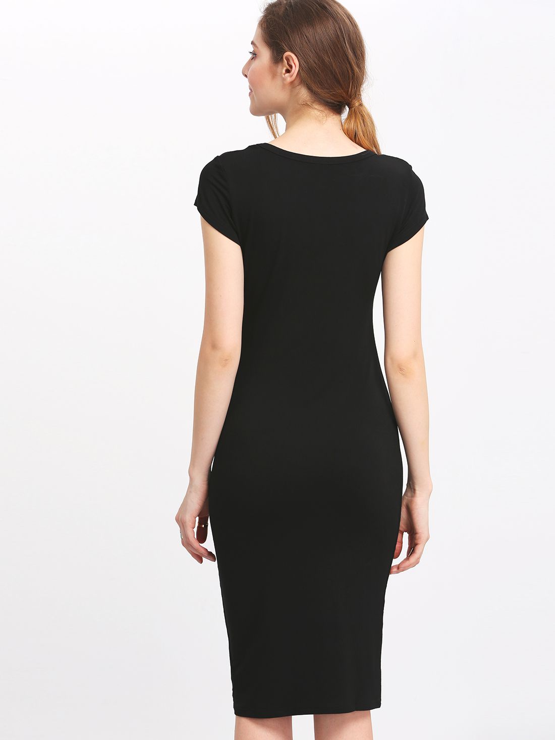 Black Crew Neck Slim Sheath Dress