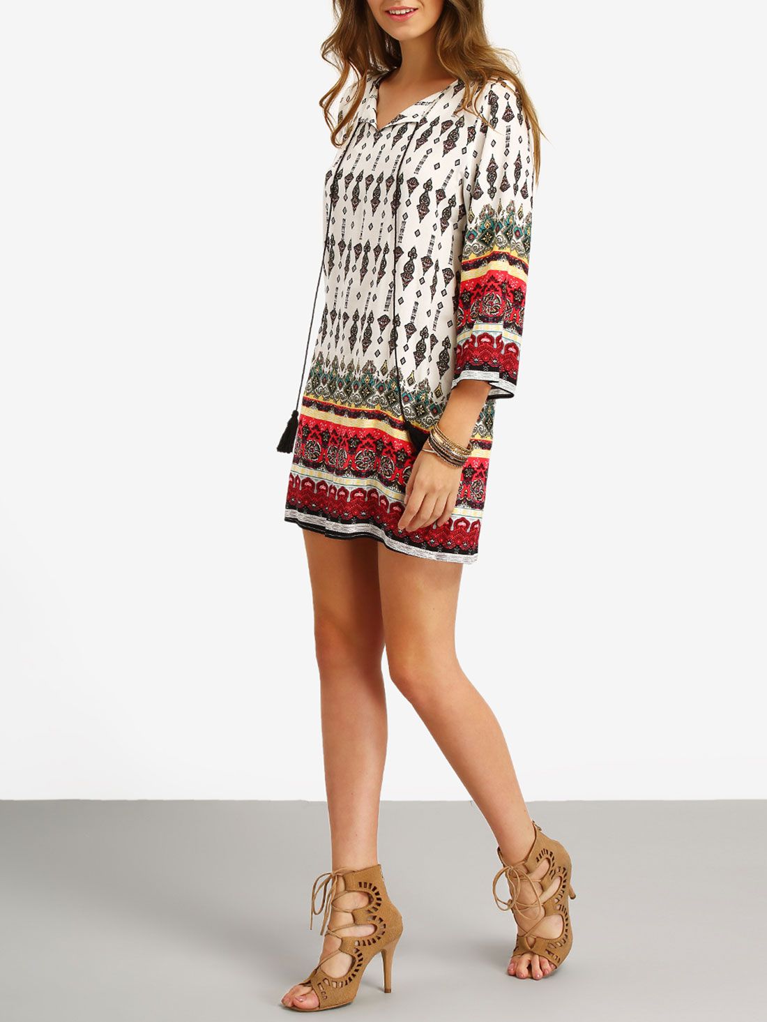 Multicolor Split Tie Neck Tribal Print Dress