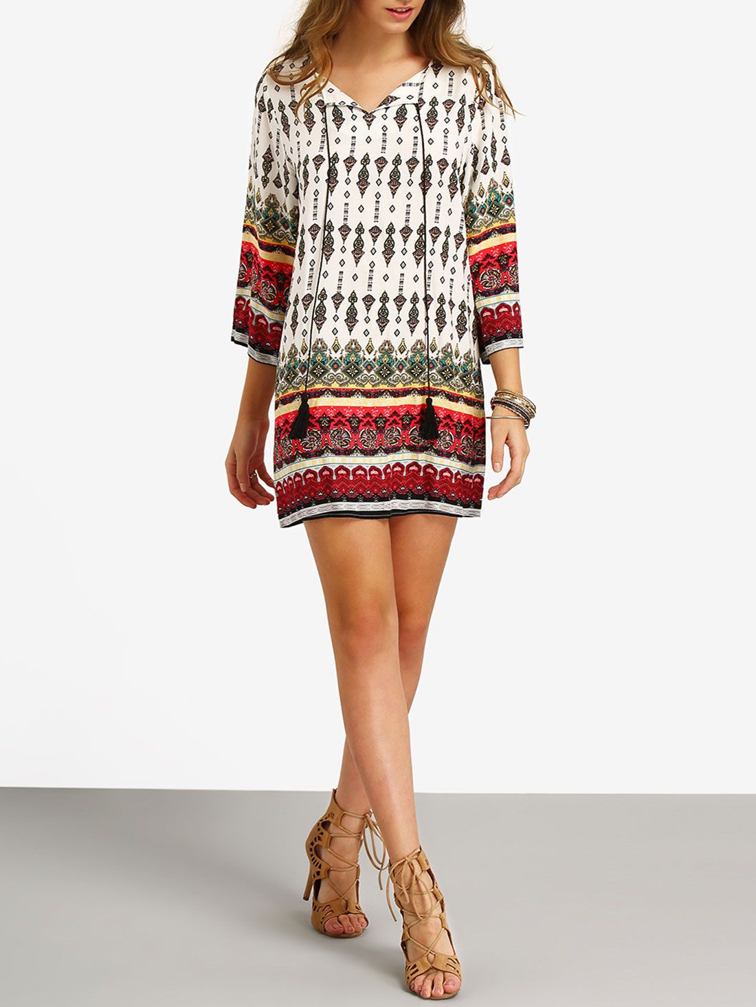 Multicolor Split Tie Neck Tribal Print Dress