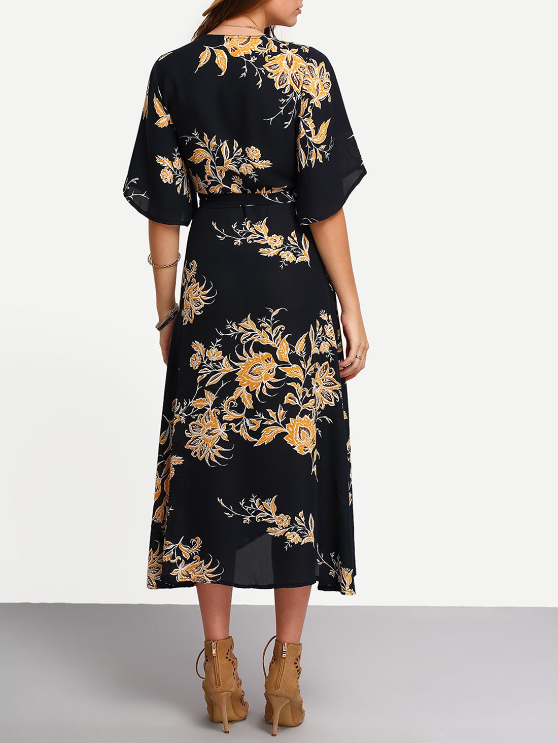 V Neck Florals Wrap Dress