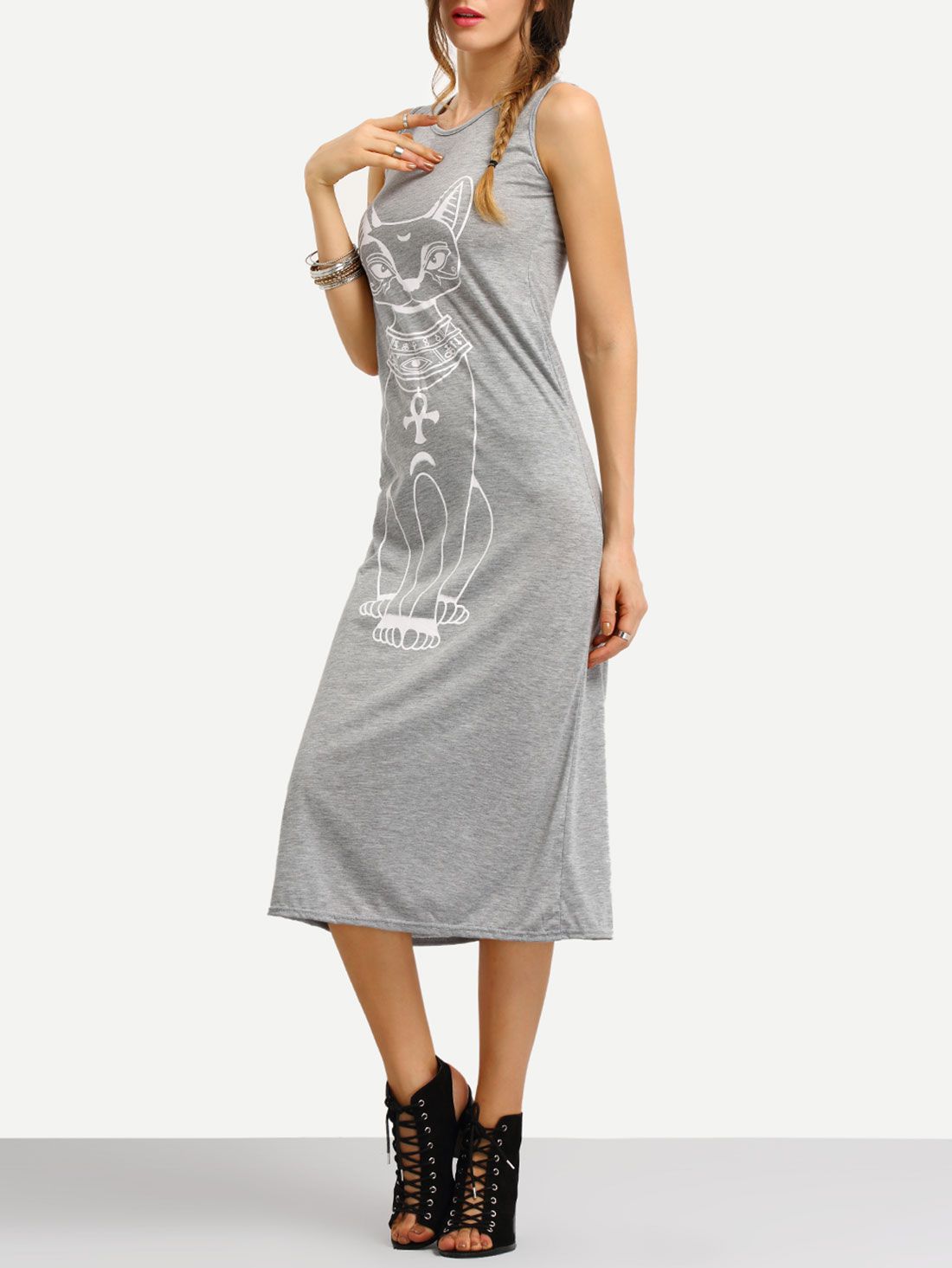 Grey Sleeveless Cat Print Slim Dress