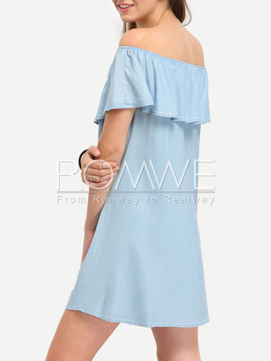 Light Blue Denim Off The Shoulder Ruffle Shift Dress