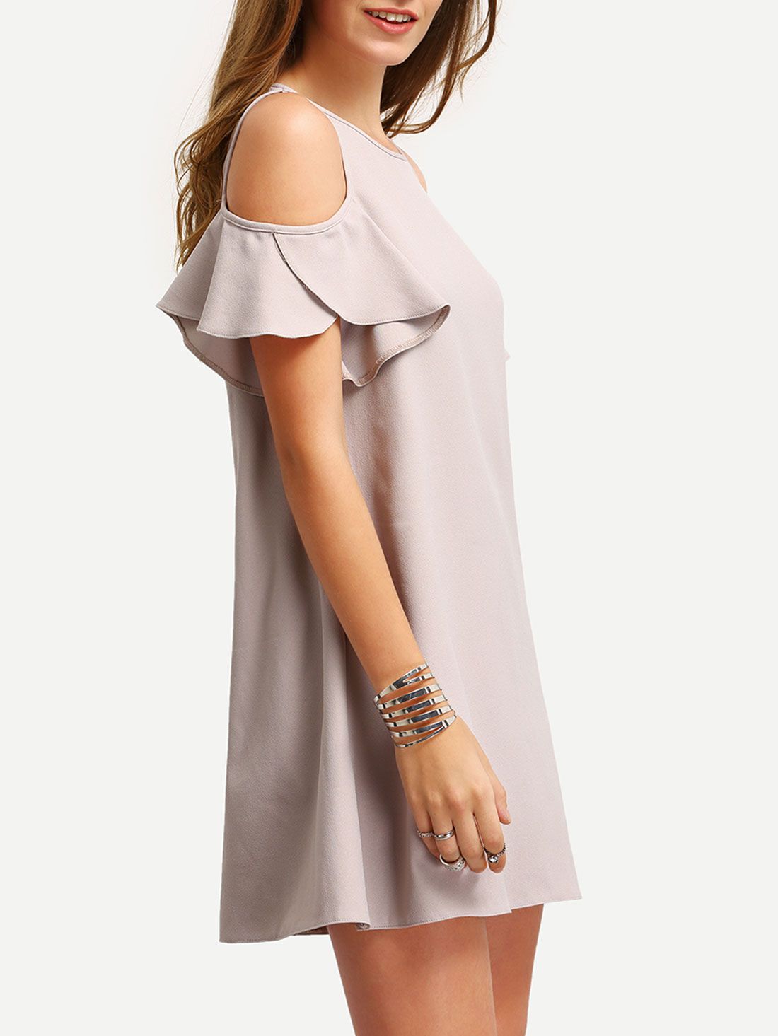 Nude Cold Shoulder Ruffle Sleeves Shift Dress