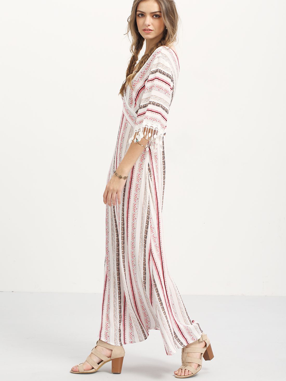 Multicolor Striped Half Sleeve V Neck Maxi Dress