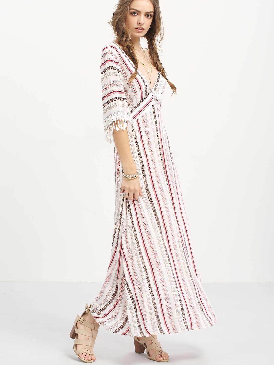 Multicolor Striped Half Sleeve V Neck Maxi Dress