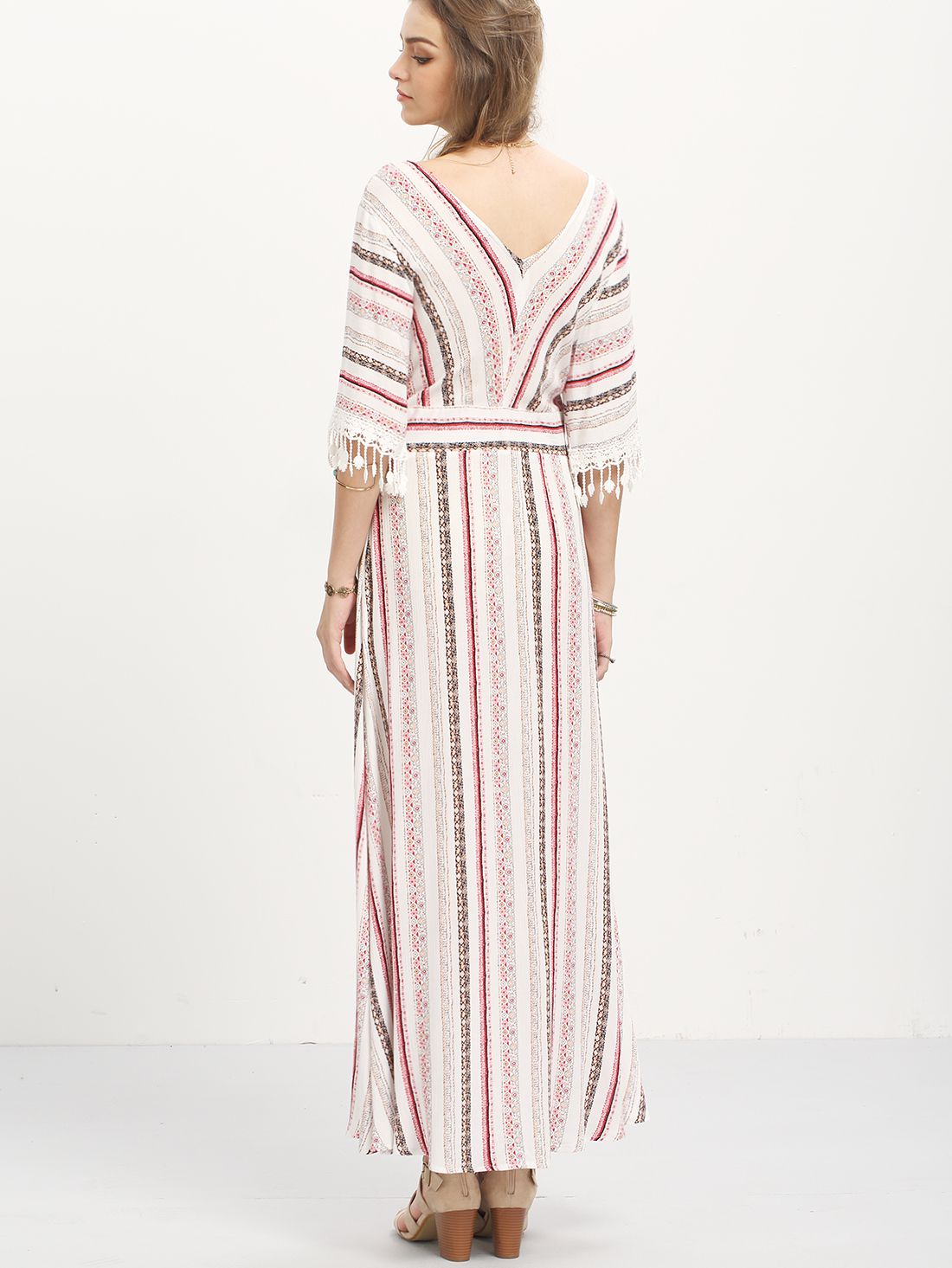 Multicolor Striped Half Sleeve V Neck Maxi Dress